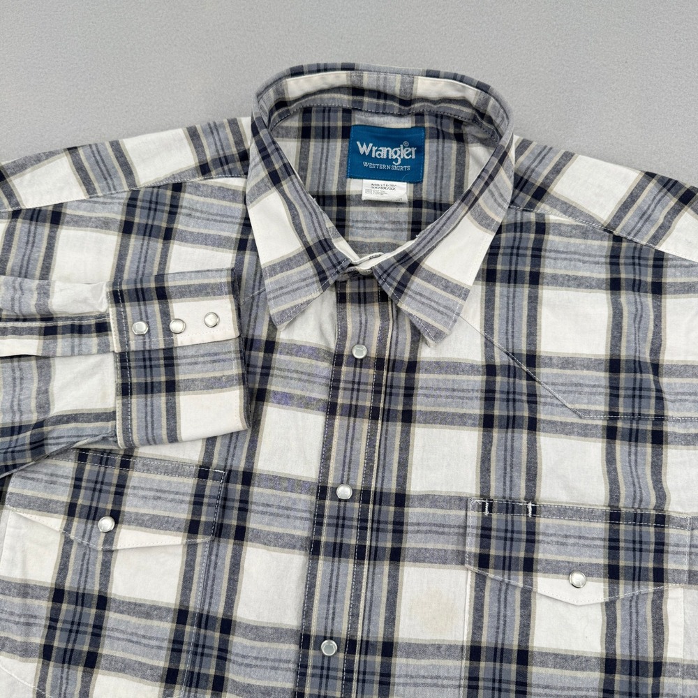 Wrangler Pearl Snap Western Shirt Mens 3XL Gray/White Plaid Cotton Long Sleeve